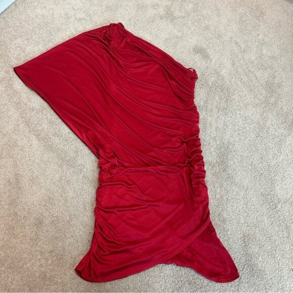 Le Chateau red one shoulder draped ruched web sleeve mini cocktail dress M - Picture 9 of 15
